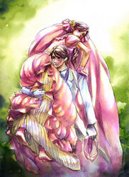  1boy barefoot brown_hair butz_klauser carrying couple dress faris_scherwiz feet female female final_fantasy final_fantasy_5 flower formal gloves koutoubu long_hair looking_back male occipital purple_hair shoes short_hair suit 