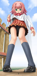  1boy black_footwear black_socks bow character_request chijinda_you female fence full_body game_cg giant giantess green_eyes loafers long_sleeves mini_person miniboy non-web_source open_mouth panties pink_hair pink_skirt pleated_skirt red_bow red_skirt school_uniform shoes shukushou_gakuen skirt socks underwear white_panties wooden_fence 