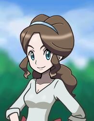  artist_request blue_eyes breasts brown_hair cleavage edit female hairband hand_on_hip long_hair looking_at_viewer mature medium_breasts milf mother_bw_(pokemon) official_art pokemon pokemon_(game) pokemon_bw smile solo upper_body 