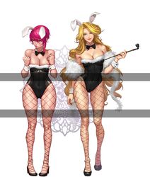  2girls animal_ears bare_shoulders black_bow black_bowtie black_footwear black_legwear black_leotard black_nails blonde_hair blue_eyes blush bow bowtie breasts cleavage clenched_hands closed_mouth collarbone contrapposto covered_navel detached_collar fingernails fishnet_pantyhose fishnets full_body fur_trim green_eyes groin hands_up high_heels highleg highleg_leotard highres holding holding_smoking_pipe kiseru large_breasts leotard lips lipstick long_fingernails long_hair looking_at_viewer makeup manjji multiple_girls nail_polish original pantyhose pink_hair playboy_bunny pout pouty_lips rabbit_ears red_lips shoes short_hair sidelocks smile smoking_pipe standing strapless strapless_leotard very_long_hair wrist_cuffs 