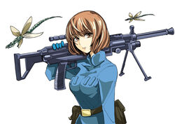  aoki_yuriko bakuman belt brown_eyes brown_hair female gun kaze_no_tani_no_nausicaa looking_at_viewer mole morisoban nausicaa over_shoulder parody pouch short_hair simple_background solo weapon white_background 