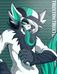  absurd_res anthro black_body black_fur bootiebun canid canine claws clothing frutiger_metro fur green_body green_fur hair hat headgear headwear hellhound_(lapfox_trax) hi_res horn lapfox_trax long_tongue looking_at_viewer male mammal open_mouth shirt solo teeth tongue topwear truxton_dogyuun white_hair y2k_(graphic_design) 