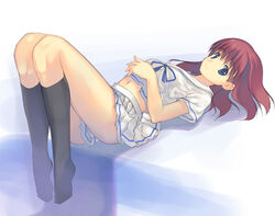  black_kneehighs black_legwear blue_eyes joeian kneehighs lying midriff original pleated_skirt red_hair school_uniform serafuku short_hair skirt 