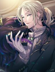  1boy amg_(nwmnmllf) black_jacket blonde_hair blue_eyes commentary_request fate/grand_order fate_(series) gloves grin indoors jacket jewelry long_hair long_sleeves looking_at_viewer male_focus parted_lips ponytail shirt signature smile solo white_gloves white_shirt wolf wolfgang_amadeus_mozart_(fate) wolfgang_amadeus_mozart_(formal_dress)_(fate) 