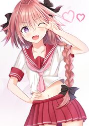  1boy ;d amasajithira androgynous astolfo_(fate) astolfo_(sailor_paladin)_(fate) black_bow bow braid collarbone commentary_request cowboy_shot crossdressing fate/apocrypha fate_(series) hair_between_eyes hair_intakes hairbow hand_on_own_hip heart highres long_hair male_focus midriff miniskirt navel neckerchief oerba_yun_fang official_alternate_costume one_eye_closed open_mouth otoko_no_ko pink_hair pink_neckerchief purple_eyes red_skirt school_uniform serafuku shirt single_braid skirt smile solo standing stomach v white_shirt 