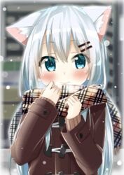  animal_ears aqua_eyes blurry blurry_background blush brown_coat brown_scarf brown_sweater buttoned_cuffs buttons cacao_(chocolat) cat_ears chocola_(cacao) coat commentary_request duffel_coat extra_ears female hair_ornament hairclip hand_up highres long_hair long_sleeves looking_at_viewer multicolored_clothes multicolored_scarf original plaid plaid_scarf red_scarf scarf snow snowing solo straight-on sweater toggles upper_body white_hair winter_clothes winter_coat yellow_scarf 