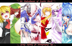  6+girls :d ^_^ arms_behind_back blonde_hair blouse blue_eyes blue_hair blush_stickers bow braid cirno closed_eyes cofi_(eternal) commentary_request embodiment_of_scarlet_devil finger_to_mouth flandre_scarlet foreshortening frilled_skirt frills green_eyes grey_hair hair_ribbon hairbow hat hat_ornament hong_meiling izayoi_sakuya knife laevatein_(touhou) light_purple_hair long_hair maid_headdress mob_cap multiple_girls open_mouth patchouli_knowledge purple_eyes purple_hair red_eyes red_hair remilia_scarlet ribbon rumia shirt side_ponytail skirt smile star_(symbol) star_hat_ornament touhou twin_braids vest wings 