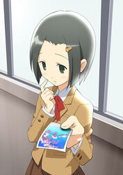  blush bob_cut commentary female hair_ornament hairclip hata_ranko kayaku_(banban) photo_(object) school_uniform seitokai_yakuindomo short_hair solo 