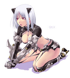  albino animal_ears armor bikini_armor boots cat_ears female gauntlets guillotine_cross_(ragnarok_online) kataasa-ko kneeling lowres midriff mr.romance ragnarok_online red_eyes short_hair solo white_hair 