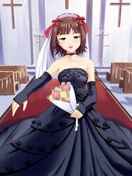  amami_haruka bad_id bad_pixiv_id bare_shoulders black_dress bouquet bridal_veil bride brown_hair choker church cross dark_bride dark_haruka dress elbow_gloves female fingerless_gloves flower gloves green_eyes hair_ribbon heart idolmaster idolmaster_(classic) jiyuuyuu nail_polish photoshop_(medium) red_nails ribbon solo veil wedding_dress 