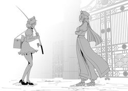  2girls breasts commentary_request cookie_(touhou) crossed_arms fishing_rod gate genpatsu_(cookie) greyscale hat hong_meiling izayoi_sakuya long_hair macota_(cookie) maid maid_headdress medium_breasts monochrome multiple_girls pants pants_under_skirt short_hair skirt star_(symbol) touhou warugaki_(sk-ii) 