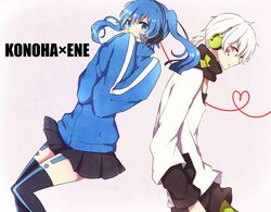  1boy blue_eyes blue_hair commentary ene_(kagerou_project) female headphones heart heart_of_string kagerou_project konoha_(kagerou_project) long_hair red_eyes ringomaru sleeves_past_fingers sleeves_past_wrists symbol-only_commentary thighhighs twintails white_hair 