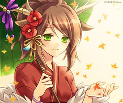  antlers bad_id bad_pixiv_id bracelet brown_hair chisa female flower green_eyes hair_flower hair_ornament horns jewelry kano_(p&amp;d) long_hair oil-paper_umbrella ponytail puzzle_&amp;_dragons smile solo umbrella upper_body 