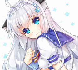  ahoge animal_ears blue_eyes blush braid breasts cat_ears claxton_(warship_girls_r) closed_mouth commentary female fingernails frilled_sleeves frills from_side hair_ornament hand_up leaning_forward long_hair looking_at_viewer looking_to_the_side medium_breasts multicolored_ribbon puffy_short_sleeves puffy_sleeves ribbon school_uniform serafuku shirt short_sleeves simple_background smile solo striped striped_ribbon symbol-only_commentary tengxiang_lingnai upper_body warship_girls_r white_background white_hair white_shirt wrist_cuffs x_hair_ornament 