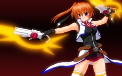  belt blue_eyes blush breasts commentary_request cross_mirage dress dual_wielding female gangsta_hold gloves gun hair_ribbon highres holding large_breasts lyrical_nanoha mahou_shoujo_lyrical_nanoha_strikers orange_hair ribbon ryokusuiteien shiny_skin short_dress skin_tight skindentation solo teana_lanster thighhighs twintails vest weapon zettai_ryouiki 