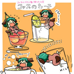  ^_^ animal_ears blush cherry closed_eyes commentary_request cup drink drinking_straw female flying_sweatdrops food fruit glass heart_sutra in_container in_cup kasodani_kyouko lemon lemon_slice milk mini_person minigirl open_mouth partially_submerged simple_background smile spoon tail tea teacup touhou translated tsunamayo water 