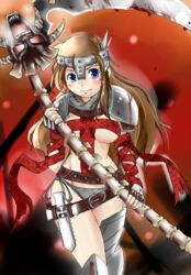  armor bad_id bad_pixiv_id bandages belt blood blue_eyes boots breasts brown_hair cross dante&#039;s_inferno dante_(dante&#039;s_inferno) female fingerless_gloves genderswap_(mtf) gloves headgear long_hair medium_breasts panties rule_63 scythe shoulder_pads side-tie_panties smile solo underwear zubatto_(makoto) 