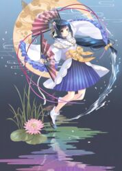  animal_ears bad_id bad_pixiv_id black_hair dog_ears female flower folding_fan full_body hair_flower hair_ornament hand_fan highres japanese_clothes kuon_(utawarerumono) long_hair lotus low-tied_long_hair mokona1107 reflection solo tail utawarerumono utawarerumono:_itsuwari_no_kamen water wide_sleeves wisteria 