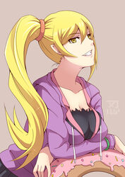  blonde_hair commentary_request doughnut female food grin long_hair monogatari_(series) oshino_shinobu pointy_ears seven_(11) side_ponytail smile solo yellow_eyes 