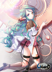  aqua_hair black_footwear blue_eyes brown_socks commentary_request copyright_name demon_tail ezu_(leejiyu) female gears glint hair_ornament heterochromia jacket kneehighs kneeling legband long_hair looking_back photoshop_(medium) pocket pointy_ears shoes socks solo tail unleashed vial watermark wavy_hair white_jacket yellow_eyes 