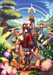  b.c.n.y. big_eyes black_hair bunny dress female hair_ornament highres indian_style lake long_hair looking_at_viewer minidress original rainbow red_hair short_dress sitting thighhighs totem_pole tree very_long_hair 