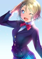  alternate_costume blue_eyes brown_hair commentary_request cosplay female highres love_live! love_live!_school_idol_project love_live!_sunshine!! one_eye_closed open_mouth otonokizaka_school_uniform salute school_uniform short_hair smile solo watanabe_you winter_uniform zakuro0508 