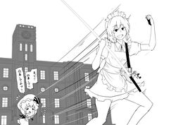  2girls =_= bat_wings braid commentary_request cookie_(touhou) genpatsu_(cookie) greyscale hat izayoi_sakuya macota_(cookie) maid maid_headdress monochrome multiple_girls open_mouth remilia_scarlet scarlet_devil_mansion short_hair skirt smile touhou tsurikichi_obasan twin_braids warugaki_(sk-ii) wings 