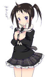  black_hair black_skirt commentary_request cowboy_shot female hands_on_own_chest harudori_tsugumi long_sleeves mudou_eichi petticoat photoshop_(medium) plaid plaid_skirt purple_eyes school_uniform simple_background skirt solo soul_eater_not! sweatdrop twintails white_background 