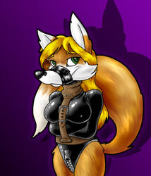  agent_(artist) anthro arms_tied blonde_hair bondage bondage bound canid canine clothing collar crossed_arms crotch_zipper female fox gag gagged green_eyes hair latex latex_clothing latex_skinsuit leotard looking_at_viewer mammal monotone_clothing monotone_leotard muzzle_(object) muzzled nipple_outline purple_background restraints rubber_clothing simple_background skinsuit smile solo straitjacket submissive submissive_female tape tape_gag tape_muzzle tight_clothing zipper zipper_leotard 