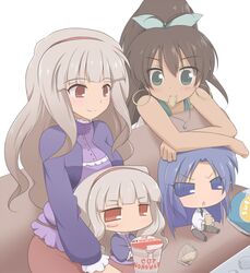  4girls bare_shoulders blue_eyes blue_hair breasts brown_hair chibi chihyaa commentary_request dual_persona earrings ganaha_hibiki green_eyes grey_hair hair_ribbon hairband idolmaster idolmaster_(classic) jewelry kisaragi_chihaya large_breasts long_hair mouth_hold multiple_girls necklace nissin_cup_noodle ponytail puchimasu! red_eyes ribbon shijou_takane takanya van-s 