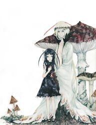  2girls antennae black_hair blonde_hair blue_eyes commentary_request dress highres jewelry long_hair multiple_girls mushroom open_clothes open_robe original painting_(medium) pinkxxxna robe sleeveless sleeveless_dress traditional_media watercolor_(medium) 