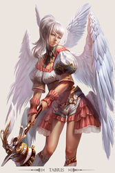  angel angel_wings aqua_eyes bare_shoulders commentary copyright_request english_commentary fantasy female grey_hair hammer low_wings midriff shorts simple_background solo weapon wings yu_cheng_hong 