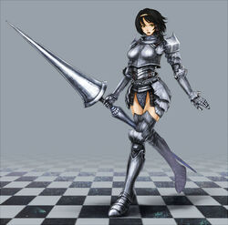  armor bad_id bad_tinami_id black_hair breastplate burunuu_(bullnukko) checkered_floor female gauntlets greaves green_eyes hairband lance original perspective polearm short_hair solo weapon 