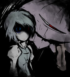  blue_eyes commentary_request dark female heterochromia horror_(theme) red_eyes solo tatara_kogasa touhou tren umbrella 