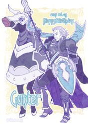  1boy armor armored_boots artist_name bad_id bad_pixiv_id barding boots character_name dated fire_emblem fire_emblem_fates gloves gunter_(fire_emblem) happy_birthday horse male_focus polearm purple_eyes purple_hair scar shield shirokuro_(0501nk) spear weapon 