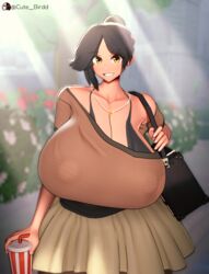  1girls 3d 3d_(artwork) big_breasts big_nipples black_hair bra breasts breasts_bigger_than_head clothed cute cute_birdd female female_focus female_only gigantic_breasts huge_breasts koikatsu light-skinned_female light_skin miruyuyo necklace nipple_bulge nipples outside pov skirt smile smiling smiling_at_viewer soda tagme watermark yellow_eyes 