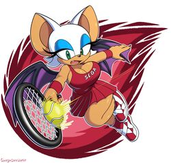  1girls artist_name bat_ears bat_girl bat_wings big_breasts blue_eyeshadow busty cleavage green_eyes omegasunburst orange_skin rouge_the_bat skirt sonic_(series) sonic_the_hedgehog_(series) tennis_ball tennis_racket tennis_shoes tennis_uniform white_fur 