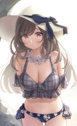  absurdres arms_behind_back bare_shoulders bikini black_bow blue_bikini blush bow breasts brown_hair cleavage closed_mouth commentary_request cowboy_shot female floral_print_bikini grey_bikini hat hat_bow highres idolmaster idolmaster_shiny_colors kijibato_123-gou large_breasts long_hair looking_at_viewer navel plaid_bikini plaid_clothes red_eyes solo sun_hat swimsuit tsukioka_kogane white_hat 