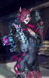  apex_legends artist_name black_bodysuit black_gloves black_jacket blue_eyes blurry blurry_background bodysuit breasts cable cleavage collarbone cyber_punked_wattson electricity eyepatch female fingerless_gloves gloves gun handgun hat highres holding holding_gun holding_weapon horns jacket looking_at_viewer mechanical_legs official_alternate_costume one_eye_covered open_mouth passimo pink_hair pink_hat purple_lips revolver short_hair small_breasts smile solo twitter_username wattson_(apex_legends) weapon 