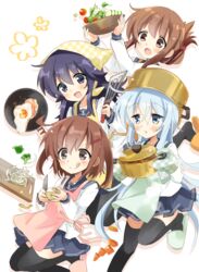  4girls akatsuki_(kancolle) alternate_headwear anchor_symbol apron bad_id bad_twitter_id bandana black_pantyhose black_sailor_collar black_thighhighs blue_eyes blue_skirt brown_eyes brown_hair commentary_request crouton egg_(food) folded_ponytail food fried_egg frying_pan grey_hair hair_ornament hairclip hat hibiki_(kancolle) highres hizuki_yayoi ikazuchi_(kancolle) inazuma_(kancolle) kantai_collection knife long_hair multiple_girls neckerchief open_mouth oven_mitts pantyhose peeling pleated_skirt pot pot_on_head potato purple_eyes purple_hair red_neckerchief sailor_collar salad school_uniform serafuku short_hair skirt slippers spatula thighhighs tomato tongue tongue_out white_background 