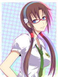  blue_eyes breasts brown_hair commentary_request evangelion:_2.0_you_can_(not)_advance female glasses hairband koumei_(harmonizer) large_breasts long_hair makinami_mari_illustrious necktie neon_genesis_evangelion photoshop_(medium) rebuild_of_evangelion solo twintails 