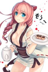  aqua_eyes braid breasts cleavage commentary_request dango detached_sleeves female food highres large_breasts long_hair no_bra original pink_hair ribbon-trimmed_sleeves ribbon_trim sekigan solo teapot wagashi wet wet_clothes 