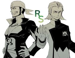  2boys aogiri_(pokemon) bandana black_hair facial_hair jewelry looking_at_viewer matsubusa_(pokemon) monochrome moustache multiple_boys necklace pokemon pokemon_(game) pokemon_rse smile team_aqua team_magma 