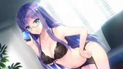  aqua_eyes arched_back black_bra black_panties bra breasts cellphone cleavage collarbone cowboy_shot dutch_angle female game_cg garter_belt glasses hand_on_own_hip haze_man_-the_local_hero- highres indoors large_breasts leaning_forward long_hair looking_at_viewer mikazuki_touko nakatama_kyou non-web_source panties parted_lips phone purple_hair semi-rimless_eyewear sidelocks smartphone solo under-rim_eyewear underwear underwear_only very_long_hair 