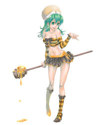  breasts cleavage detached_sleeves female green_eyes green_hair hat honey hunter_x_hunter long_hair ponzu solo staff 