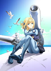  baby_magnum bird blonde_hair blue_eyes cannon commentary_request female heavy_object highres md5_mismatch mecha milinda_brantini military military_vehicle non-humanoid_robot object_(vehicle) ocean robot saitou_sakae science_fiction seagull short_hair sitting solo waist_cape 