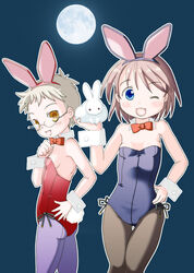  2girls :3 animal animal_ears armpits ass back bare_shoulders black_legwear blue_eyes blue_hairband blue_leotard blue_pantyhose blush bow bowtie breasts clenched_hand commentary_request cowboy_shot detached_collar fake_animal_ears fake_tail from_side full_moon glasses grey_hair hairband hand_on_own_hip hand_up happy hatomugi_(mamotan) head_tilt hip_focus holding holding_animal legs_together leotard looking_at_viewer looking_back looking_to_the_side moon multiple_girls night night_sky oerba_yun_fang one_eye_closed open_mouth original outdoors outline pantyhose playboy_bunny rabbit rabbit_ears rabbit_tail red_bow red_bowtie red_hairband red_leotard rimless_eyewear short_hair side-tie_leotard sideboob sky small_breasts smile standing strapless strapless_leotard tail thigh_gap white_hair wrist_cuffs yellow_eyes 