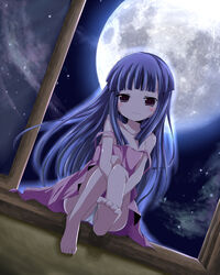  bad_feet bare_shoulders barefoot blue_hair blush cloud collarbone commentary_request dutch_angle feet female furude_rika higurashi_no_naku_koro_ni kazura long_hair moon night panties pantyshot purple_eyes sitting sitting_in_window sky smile soles solo star_(sky) starry_sky strap_slip tears toes underwear window windowsill 