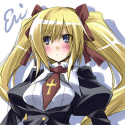  blonde_hair blue_eyes blush commentary_request copyright_request cross female hair_ribbon highres necktie photoshop_(medium) ribbon sabakutani_eri sakura_familia! solo twintails upper_body yuuki_eishi 