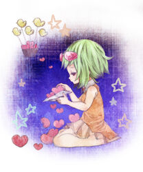  barefoot campanella_(vocaloid) commentary_request dress edo. female goggles goggles_on_head green_hair gumi heart lolicon paper_airplane sad short_hair sitting solo vocaloid wariza 